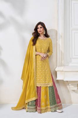 Yellow heavy chinon silk indowestern palazzo set 2