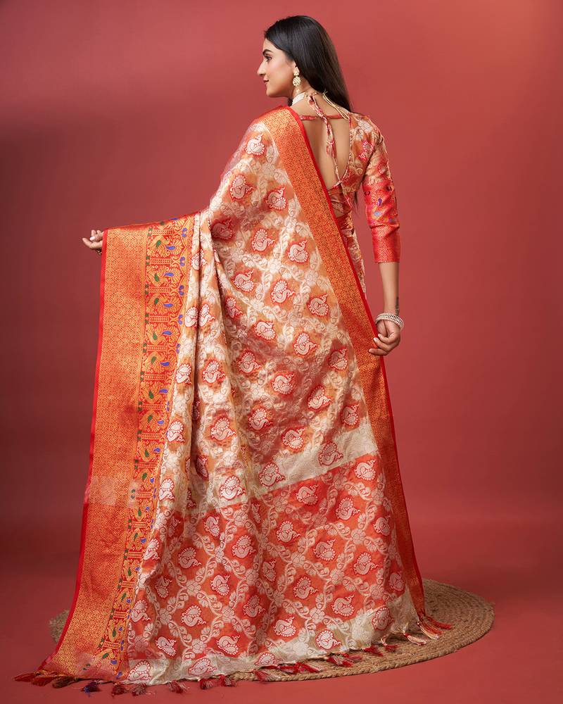 Lookslady Women'S New Woven Design Wedding Style Organza Silk Red Saree With Blouse