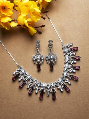 Silver plated red sparkling ad necklace and long earrings set 1