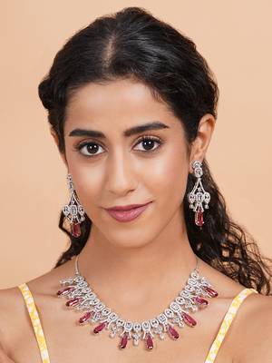 Silver plated red sparkling ad necklace and long earrings set 2