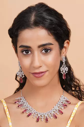 Silver plated red sparkling ad necklace and long earrings set
