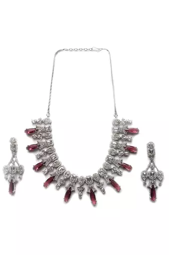 Silver plated red sparkling ad necklace and long earrings set