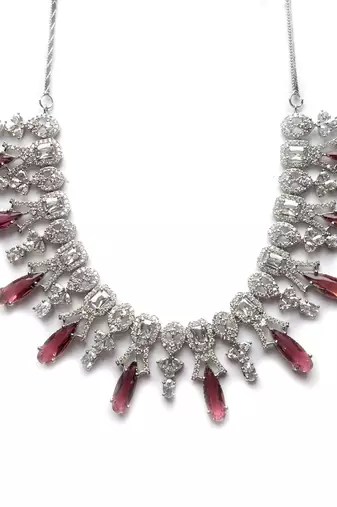 Silver plated red sparkling ad necklace and long earrings set
