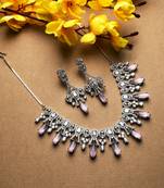 Silver plated pink sparkling ad necklace and long earrings set