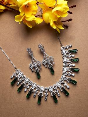 Silver plated green sparkling ad necklace and long earrings set 1