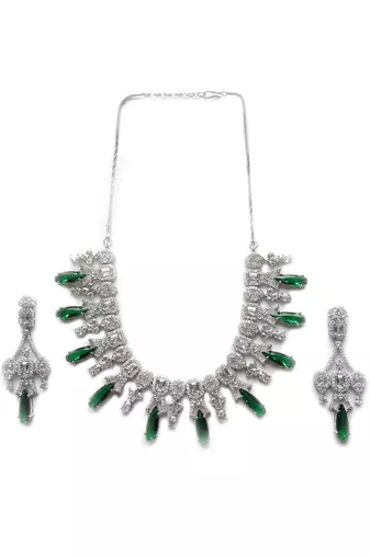 Silver plated green sparkling ad necklace and long earrings set