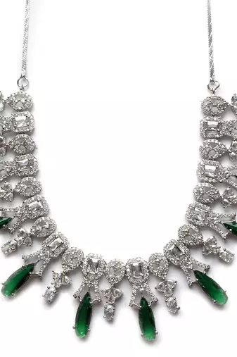 Silver plated green sparkling ad necklace and long earrings set