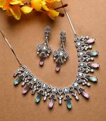 Silver plated multiclor sparkling ad necklace and long earrings set