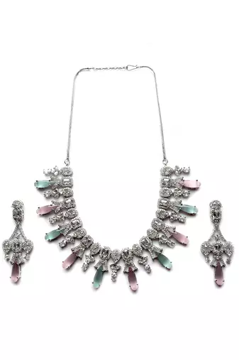 Silver plated multiclor sparkling ad necklace and long earrings set