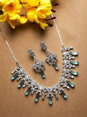 Silver plated turquoise blue sparkling ad necklace and long earrings set 1