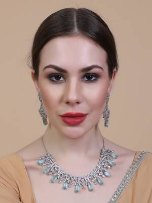 Silver plated turquoise blue sparkling ad necklace and long earrings set 2