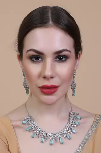 Silver plated turquoise blue sparkling ad necklace and long earrings set
