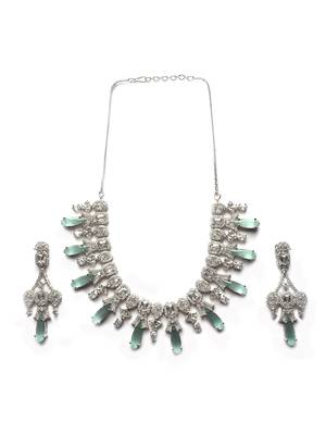 Silver plated turquoise blue sparkling ad necklace and long earrings set 3