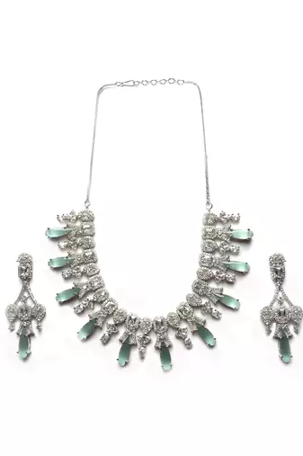 Silver plated turquoise blue sparkling ad necklace and long earrings set