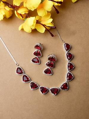Designer silver plated red triangle ad necklace with sparkling cz stones 1