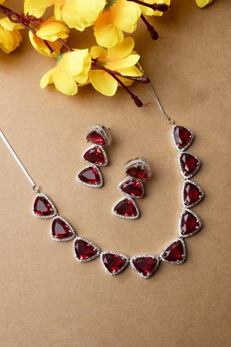 Designer silver plated red triangle ad necklace with sparkling cz stones
