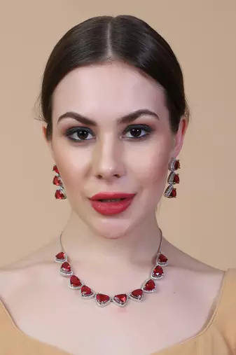Designer silver plated red triangle ad necklace with sparkling cz stones