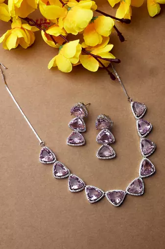 Designer silver plated pink triangle ad necklace with sparkling cz stones