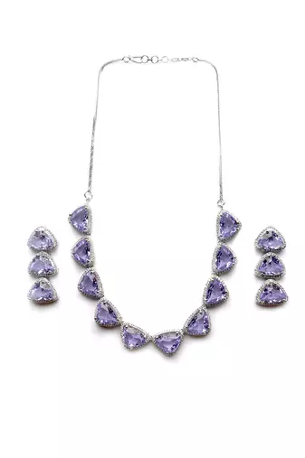 Designer silver plated lavander triangle ad necklace with sparkling cz stones
