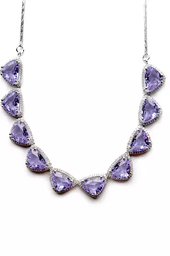 Designer silver plated lavander triangle ad necklace with sparkling cz stones