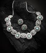 Silver plated cut work turquoise blue cz ad necklace with studs