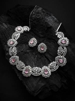 Silver plated cut work pink cz ad necklace with studs 1