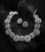 Silver plated cut work pink cz ad necklace with studs