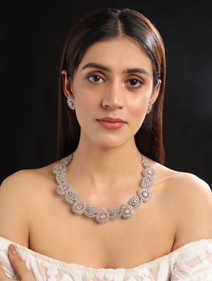 Silver plated cut work pink cz ad necklace with studs 2