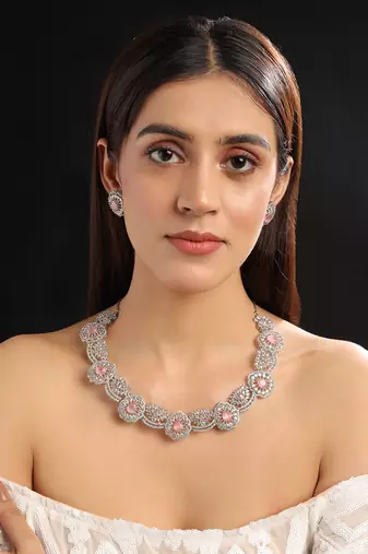 Silver plated cut work pink cz ad necklace with studs