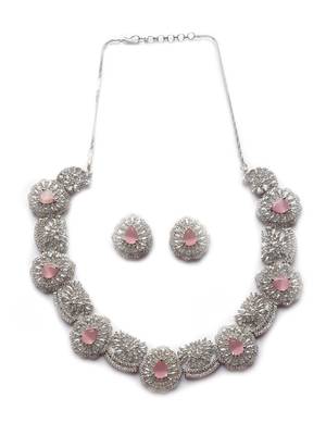 Silver plated cut work pink cz ad necklace with studs 3