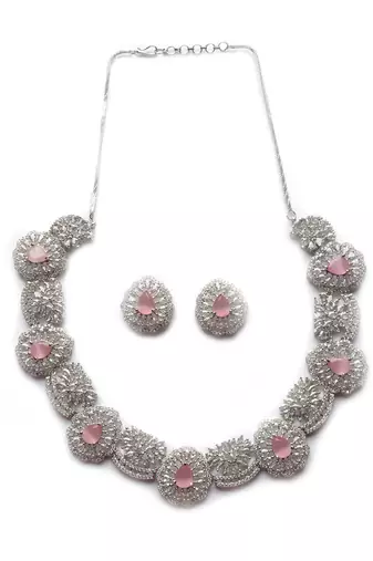 Silver plated cut work pink cz ad necklace with studs