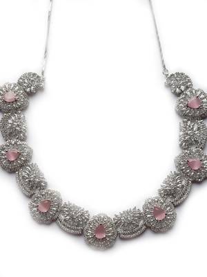 Silver plated cut work pink cz ad necklace with studs 4