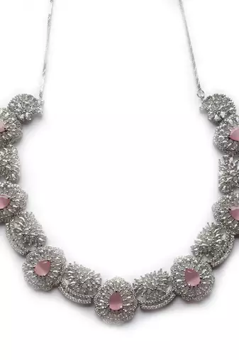 Silver plated cut work pink cz ad necklace with studs