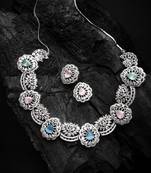 Silver plated cut work multicolor cz ad necklace with studs