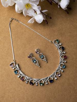 Silver plated multicolor sleek cut work cz ad necklace 1