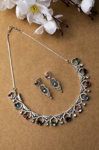 Silver plated multicolor sleek cut work cz ad necklace