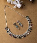 Silver plated multicolor sleek cut work cz ad necklace