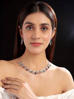 Silver plated multicolor sleek cut work cz ad necklace 2