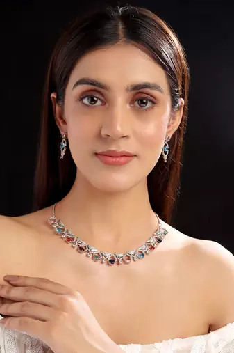 Silver plated multicolor sleek cut work cz ad necklace
