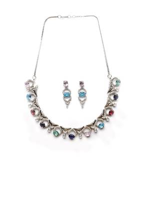 Silver plated multicolor sleek cut work cz ad necklace 3