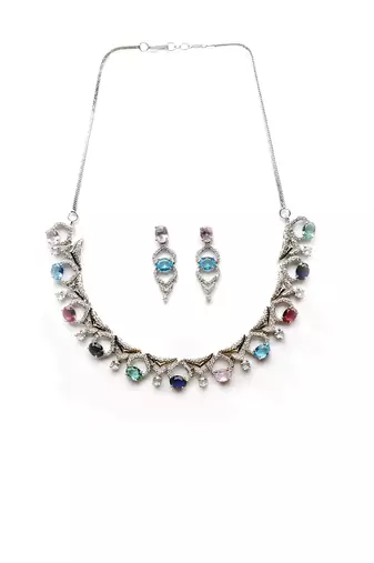 Silver plated multicolor sleek cut work cz ad necklace