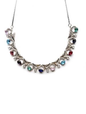 Silver plated multicolor sleek cut work cz ad necklace 4