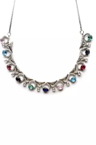 Silver plated multicolor sleek cut work cz ad necklace