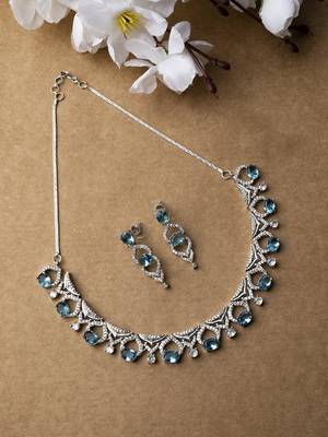 Silver plated cyrstal blue sleek cut work cz ad necklace 1