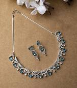 Silver plated cyrstal blue sleek cut work cz ad necklace