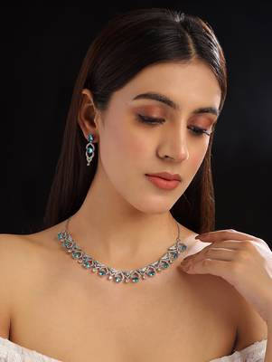 Silver plated cyrstal blue sleek cut work cz ad necklace 2