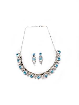 Silver plated cyrstal blue sleek cut work cz ad necklace 3