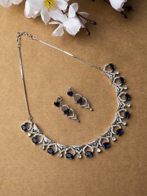 Silver plated blue sleek cut work cz ad necklace 1
