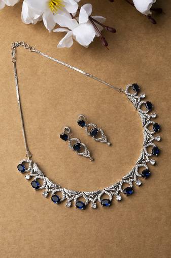 Silver plated blue sleek cut work cz ad necklace