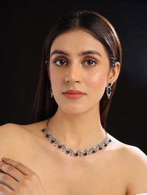 Silver plated blue sleek cut work cz ad necklace 2